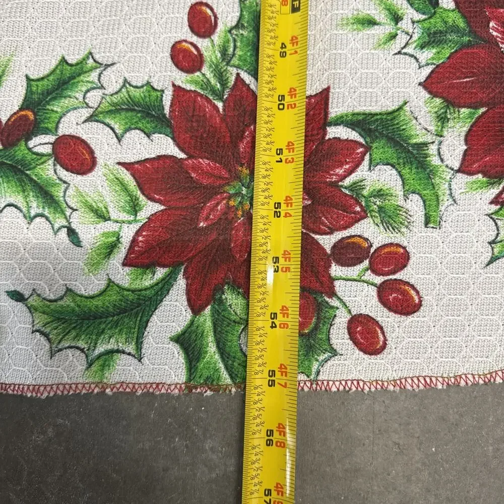 Vintage 80s Christmas Tablecloth Oval Oblong Poinsettia Candles Large